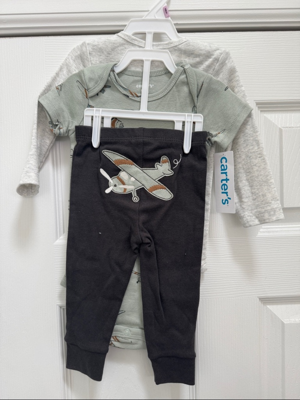 Carter's Sage Green & Black Airplane Two-Piece Set